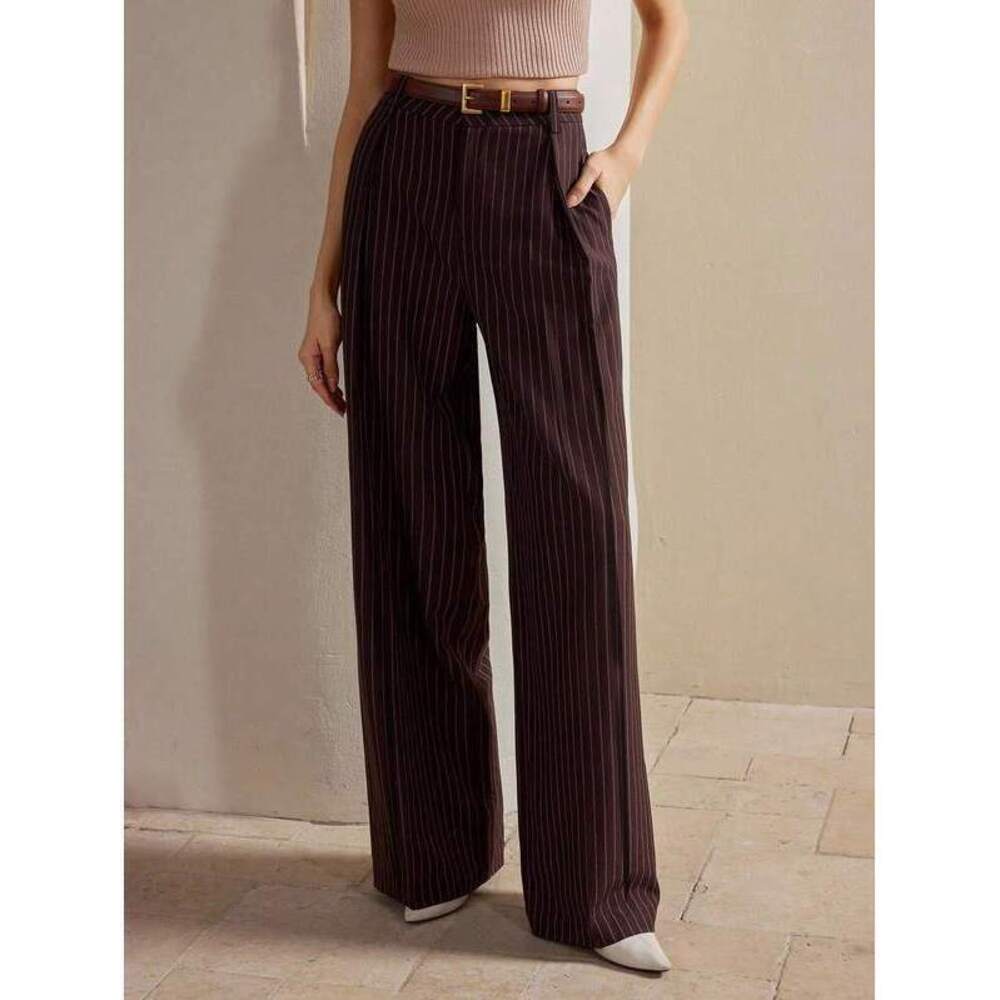 Anewsta Women's Modern Minimalist Commuter Maillard Brown Striped Straight Leg W - Picture 4 of 7